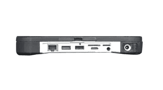 Vue de tranche d'une tablette Geshem durcie avec 1 port RJ45, 1 port USB 2.0, 1 port USB 3.0, des slots carte mémoire, un port mini HDMI et 1 combo son