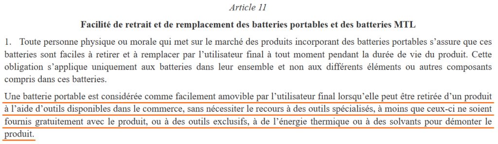 Extrait de la réglementation, facilité de retrait des batteries